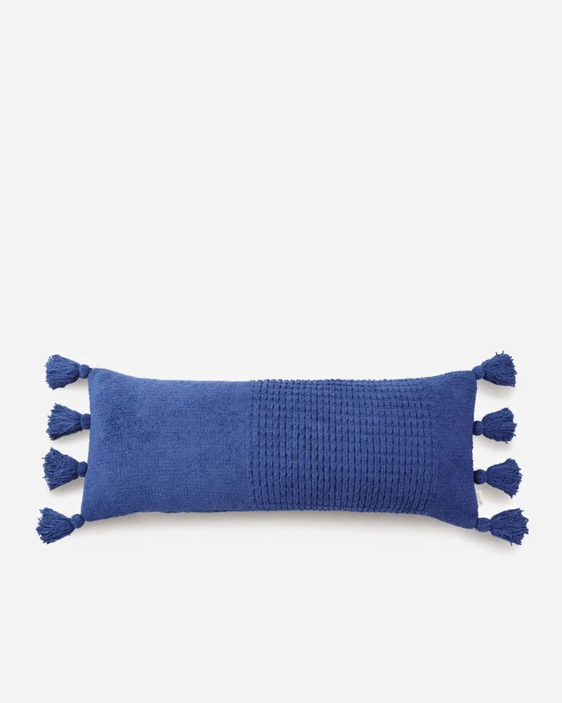 Braided Pom Pom Lumbar Pillow Navy01