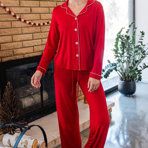 YALA AMBER CLASSIC BUTTON FRONT BAMBOO PAJAMA SET CRIMSON