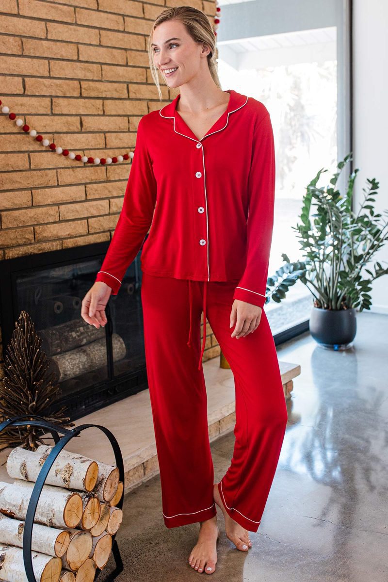 YALA AMBER CLASSIC BUTTON FRONT BAMBOO PAJAMA SET CRIMSON