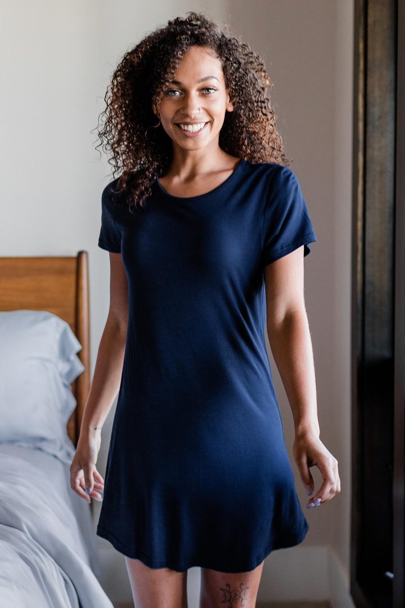 YALA BETSY SHORT SLEEVE FITTED BAMBOO NIGHTSHIRT NAVY