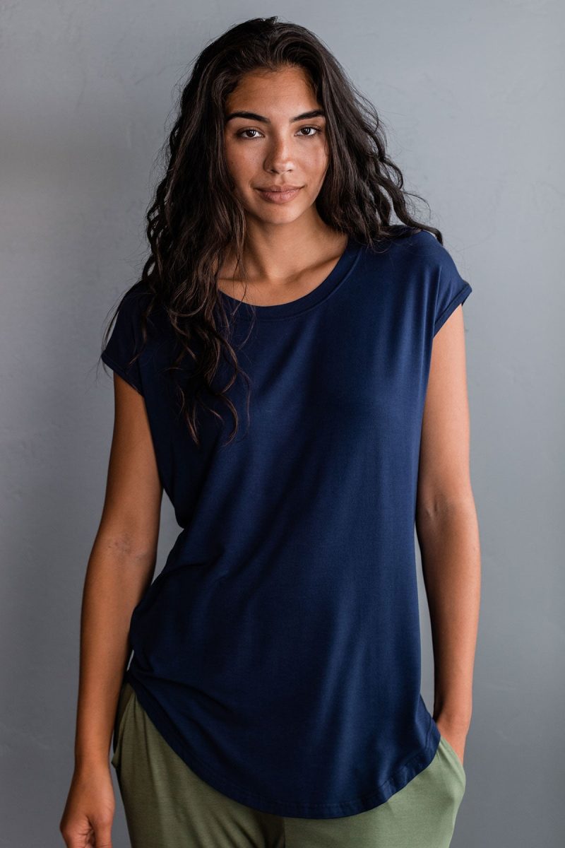 YALA CASSIDY CAP SLEEVE BAMBOO BOYFRIEND TUNIC NAVY