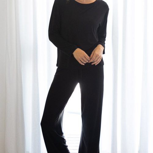 YALA GILLIAN PIPED BAMBOO PAJAMA PANTS BLACK