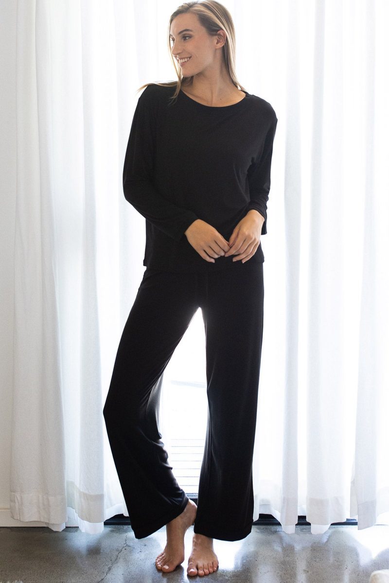 YALA GILLIAN PIPED BAMBOO PAJAMA PANTS BLACK