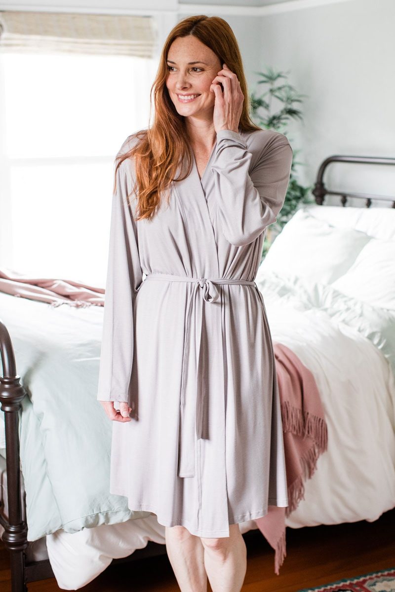 YALA SERENITY LONG SLEEVE SHORT BELTED BAMBOO ROBE ASH