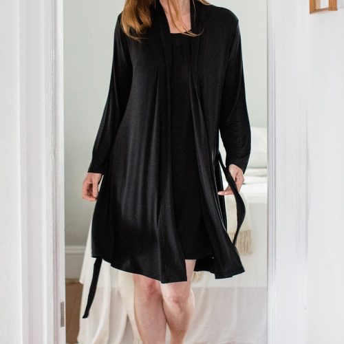 YALA SERENITY LONG SLEEVE SHORT BELTED BAMBOO ROBE BLACK