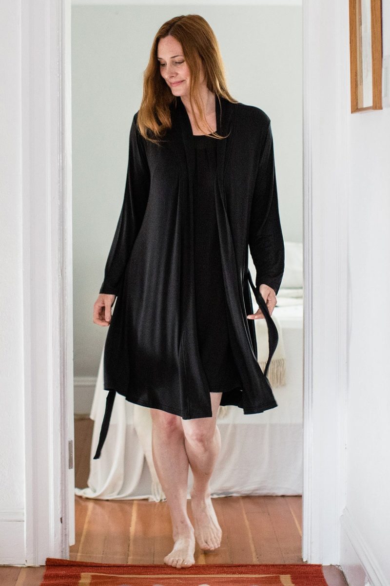 YALA SERENITY LONG SLEEVE SHORT BELTED BAMBOO ROBE BLACK