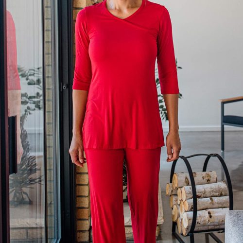 Yala Haley Crossover Front Three Quarter Sleeve Bamboo Pajama Set CRIMSON