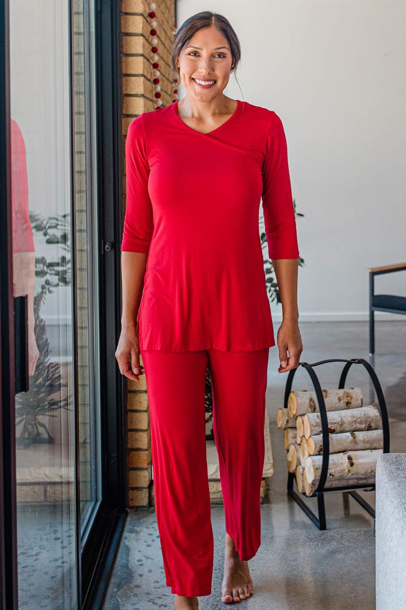 Yala Haley Crossover Front Three Quarter Sleeve Bamboo Pajama Set CRIMSON