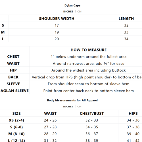 dylancapesizechart