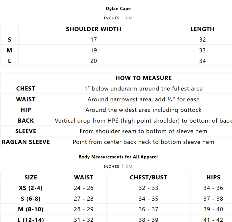 dylancapesizechart