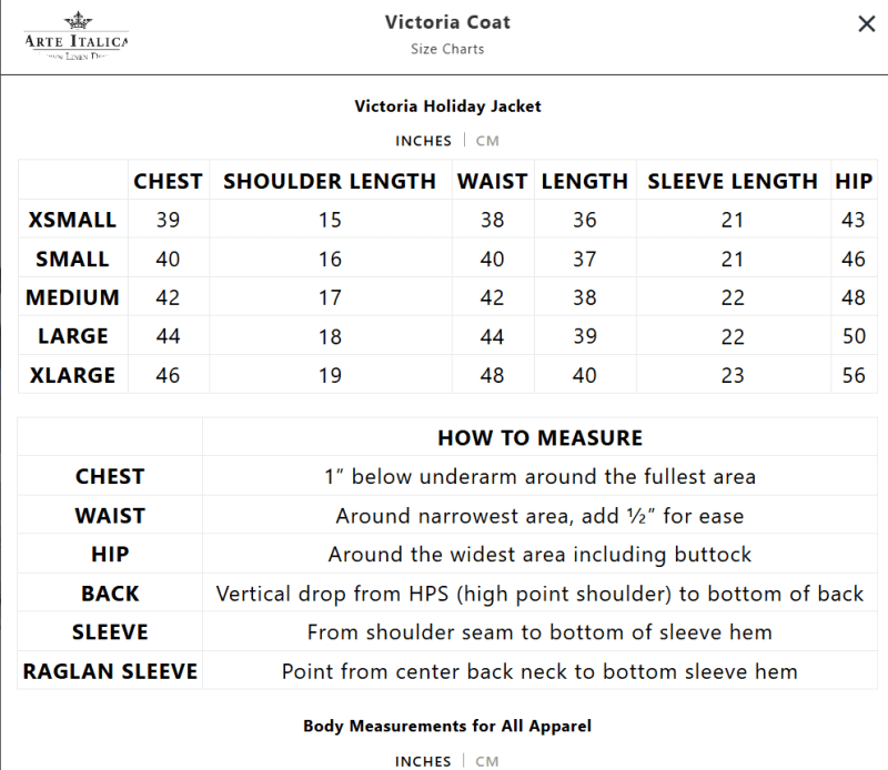 victoriacoatsizechart